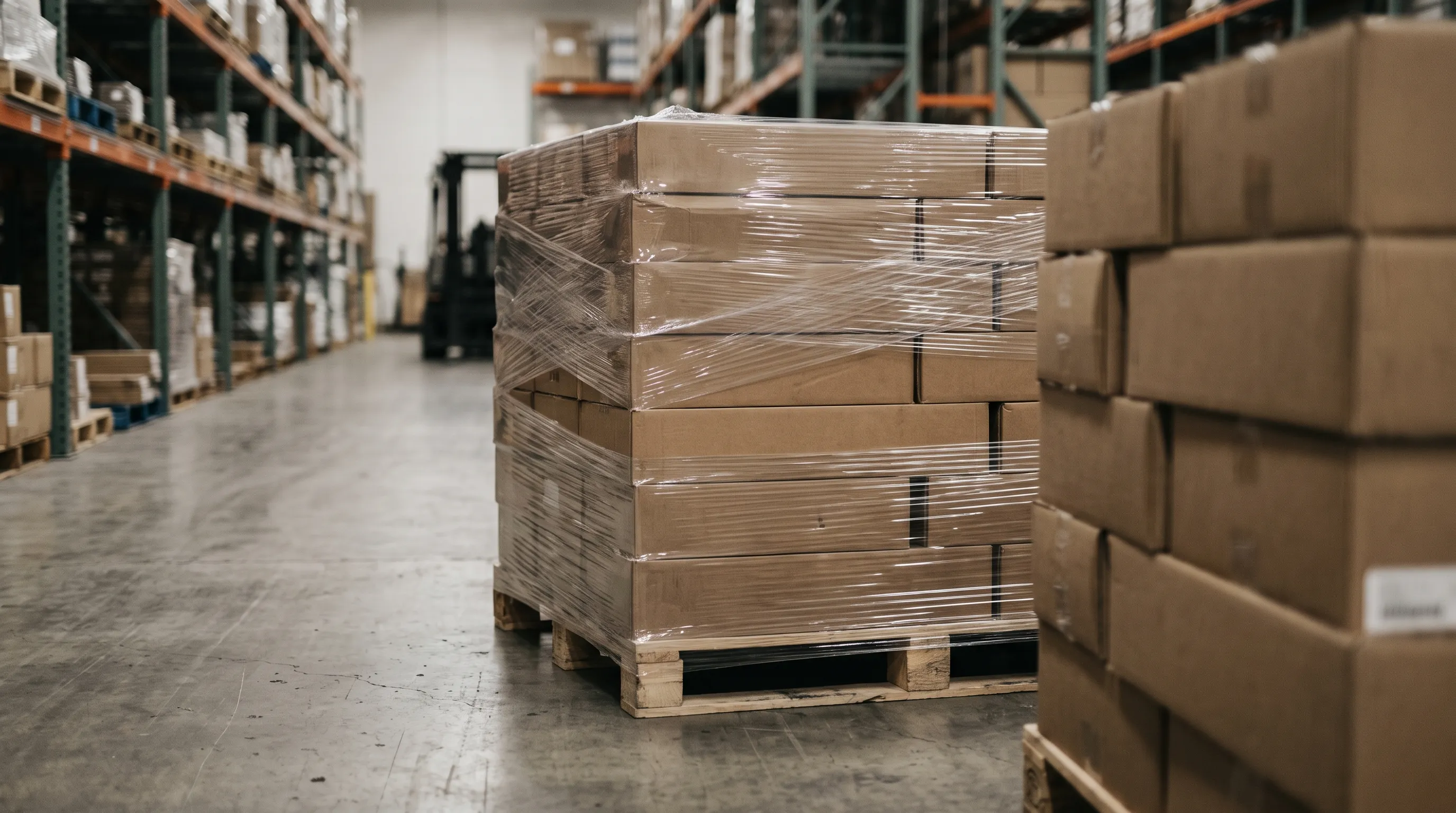 Shrink-wrapped cartons of flooring stacked on a pallet in a warehouse aisle