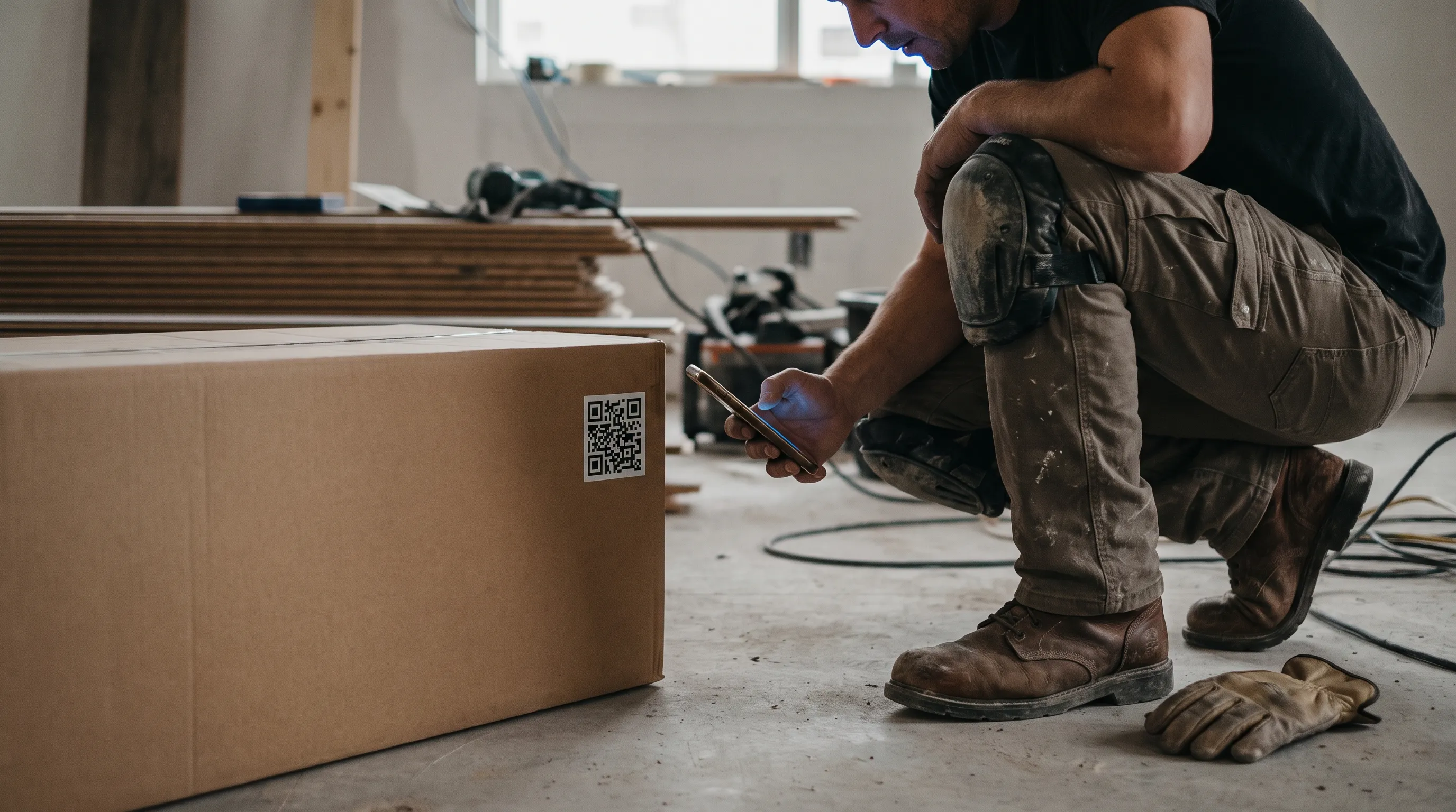 A flooring installer on a job site scanning a code on the end of a carton with a smartphone