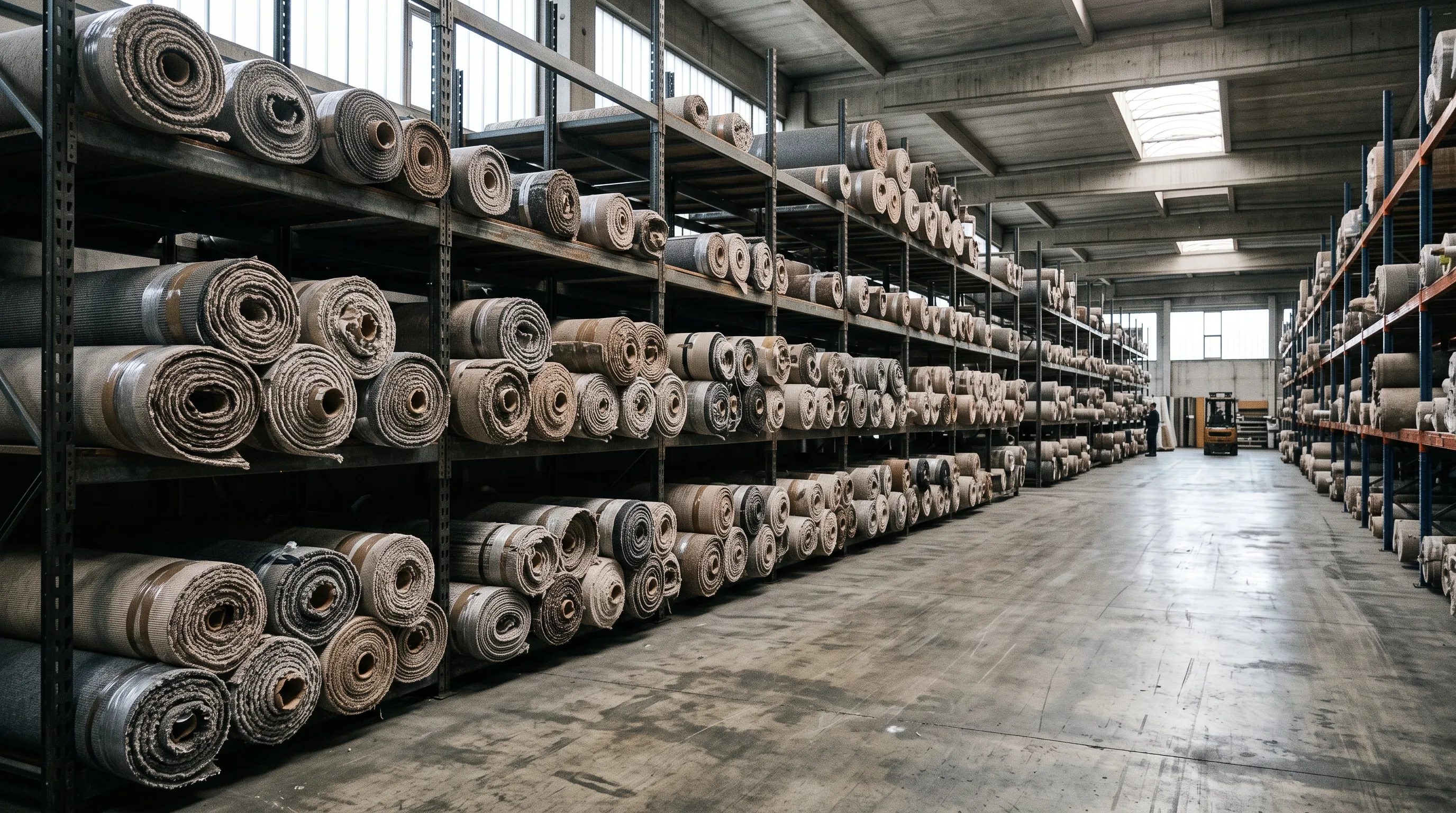 Rolls of carpet stored on steel racking in a flooring warehouse